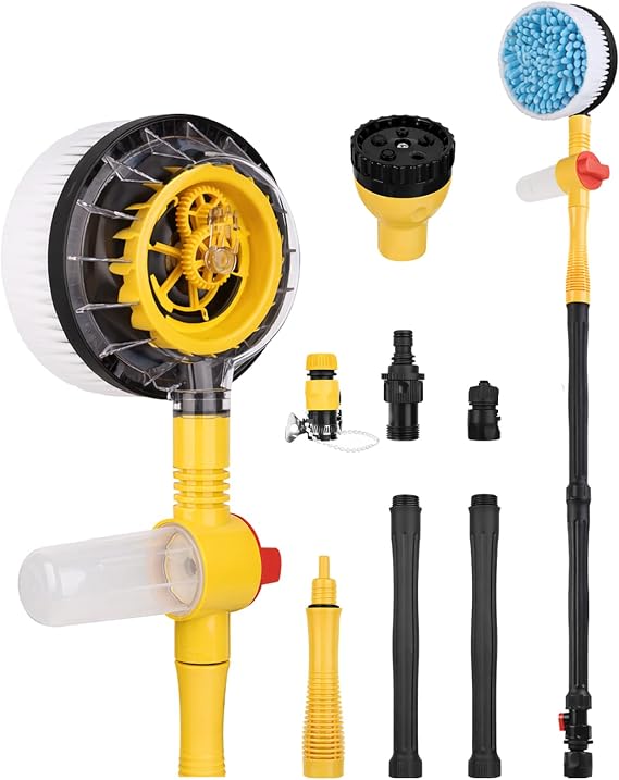 Rotating Car Wash Brush with Hose Attachment, Long Handle, Soap Dispenser