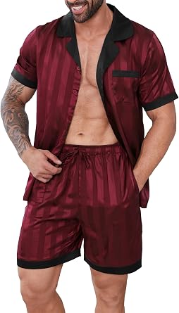DEARCASE Mens Pajamas Set Satin Silk Pajama For Men Sleepwear Shorts Sexy Nightwear Button Down 2 Piece