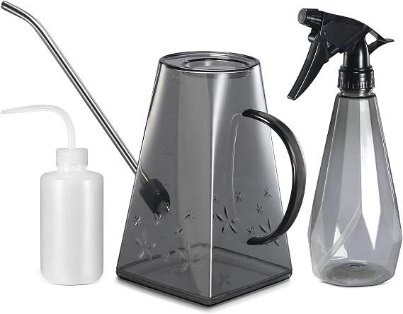 Goowin Watering Can Indoor Plants, 47 oz Long Spout House Plant Flower Watering Can, Creative Wide Opening Plastic Watering Can with 16 oz Spray Bottle & 8.5 oz Squeeze Bottle, Grey
