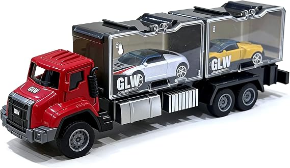 Kids Truck Toys Cars Carrier Set Alloy Transporter Truck with 2 Die-Cast Car Toys for Boys Girls Red Medium-Sized 10 Inch