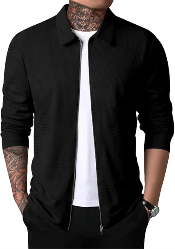 Men Casual Cardigan Sweaters Full Zipper Closure Long Sleeve Waffle Jackets