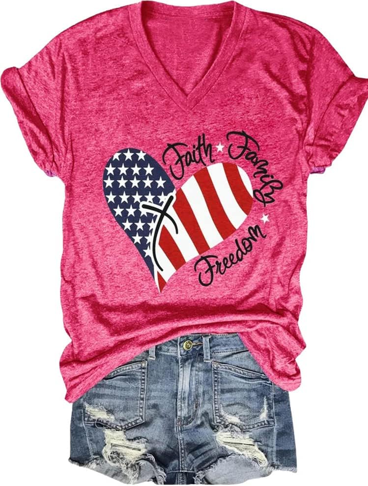 4th of July V Neck Patriotic T-Shirts Women American Flag Print Faith Family Freedom Letter Casual Short Sleeve Tee Tops