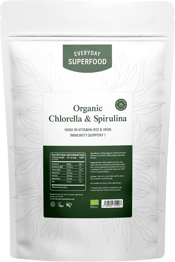 Everyday Superfood Organic Chlorella & Spirulina Tablets 500mg, 360 Broken Cell Wall Chlorella & Raw Spirulina Cold Pressed Tablet