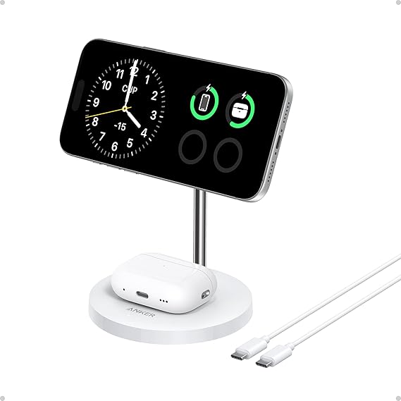 Anker MagGo 2-in-1 Wireless Charging Station, MagSafe Charger Compatible, Qi2 Certified 15W Wireless Stand, Apple Watch Charger for iPhone 16/15/14 Series, AirPods (No AC Adapter)