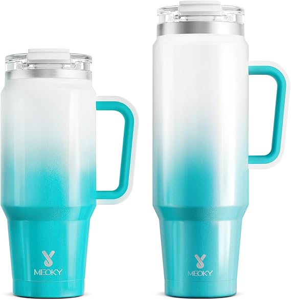 Meoky 40 oz Tumbler with Handle and Straw, 32 oz Tumbler with Handle, Insulated Tumbler with Lid and Straw, Stainless Steel Travel Mug, Keeps Cold, 100% Leak Proof, Fits in Car Cup Holder (Azure)