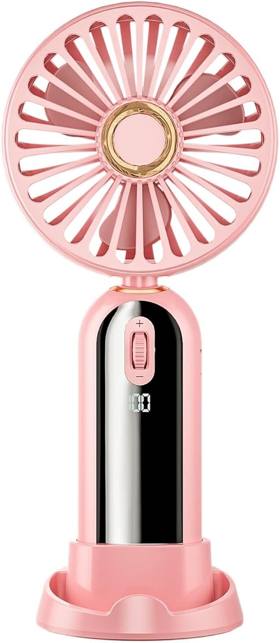 Portable Hand Held Fan, 5000mAh Battery Operated USB Rechargeable 5 Speeds Digital Display Small Fan with Base,Adjustable 90 Foldable Personal Fan for Desk Women Men Office