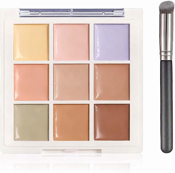 Full Coverage Concealer Palette - 9 Creamy Shades for Dark Circles, Acne & Skin Tone Correction, Makeup Foundation Palette with Brush for Face Contouring, Blending
