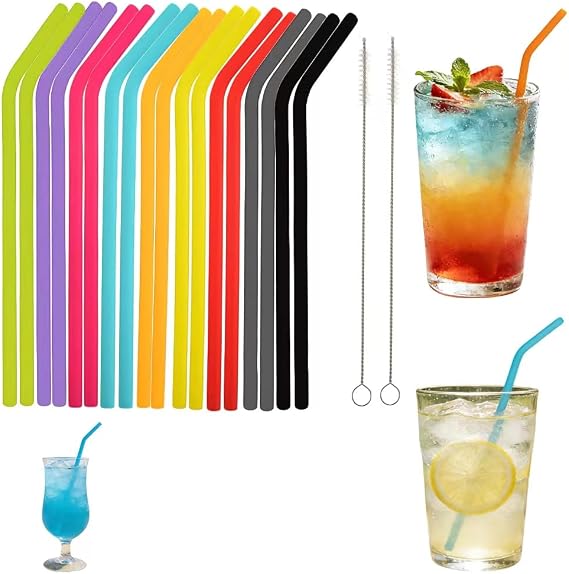 20Pcs Silicone Reusable Straws Set - 18 Flexible Bendy Straws + 2 Cleaning Brushes | Drinking Straws | Silicone Straws Reusable Fits Cocktails, Juice, Milkshakes (Multiple Colors)
