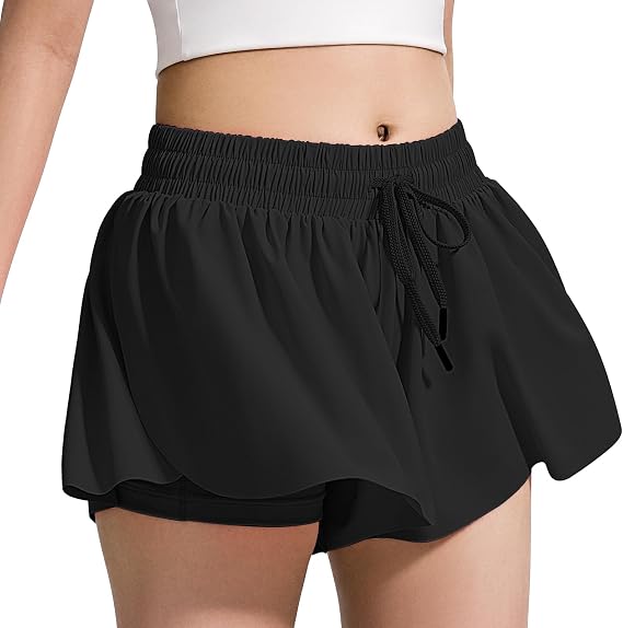 BOOPH Girls Flowy Shorts Kids Athletic Butterfly Shorts with Pockets 2-in-1