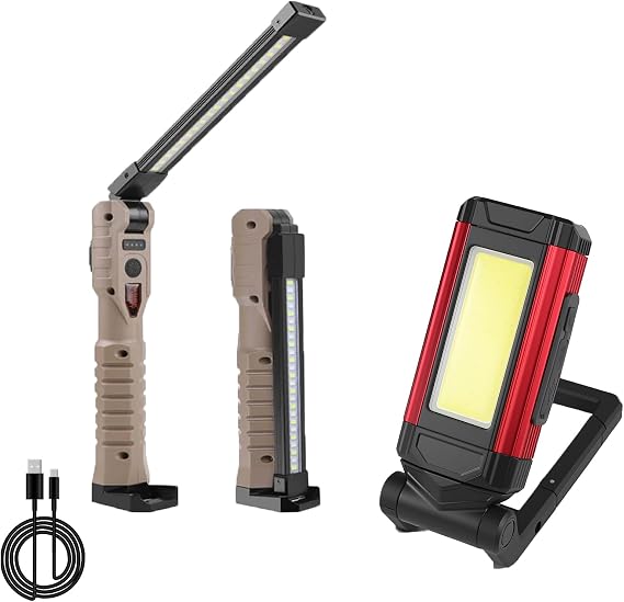 Foldable Rechargeable COB LED Work Light,with Kickstand and Carabiner, 360 Rotating and 180 Rotate Folding Flashlight for Car Repairing, Workshop, Household and Emergency Use