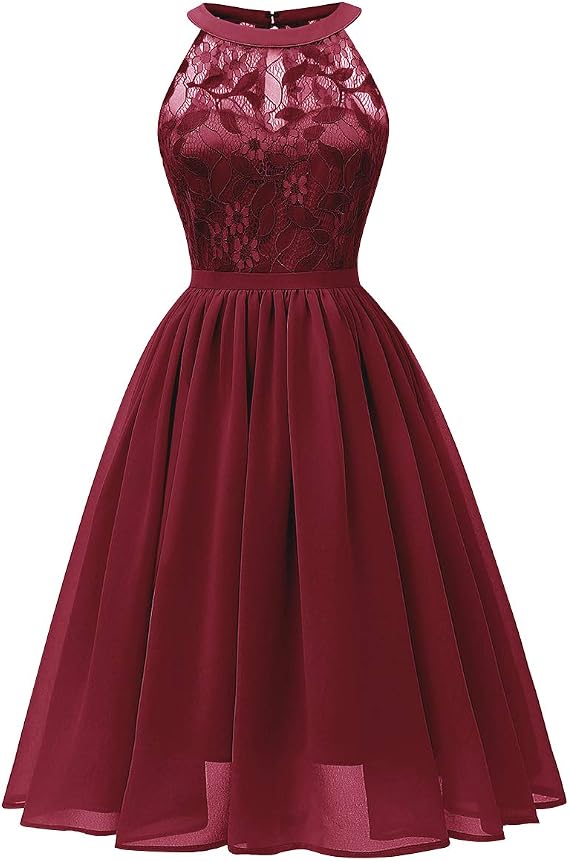 Women Vintage Halter Neck Floral Lace Hi-Lo Backless Bridesmaid Dress A-Line Short Prom Retro Cocktail Formal Swing Dress