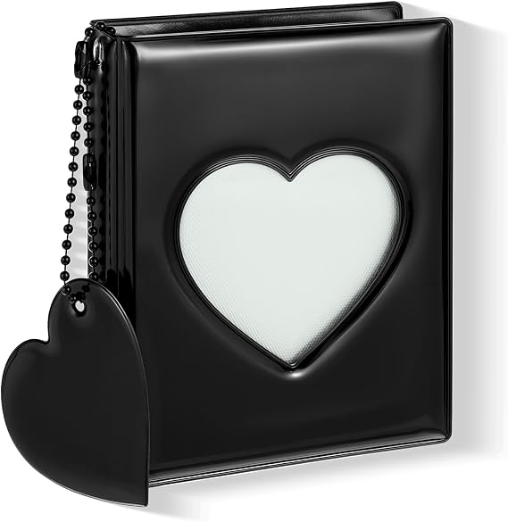 Mini Photocard Binder, 3 Inch Black Mini Photo Album Heart Hollow Card Binders with 32 Pockets Mirror-Like Photocard Binder with Pendant