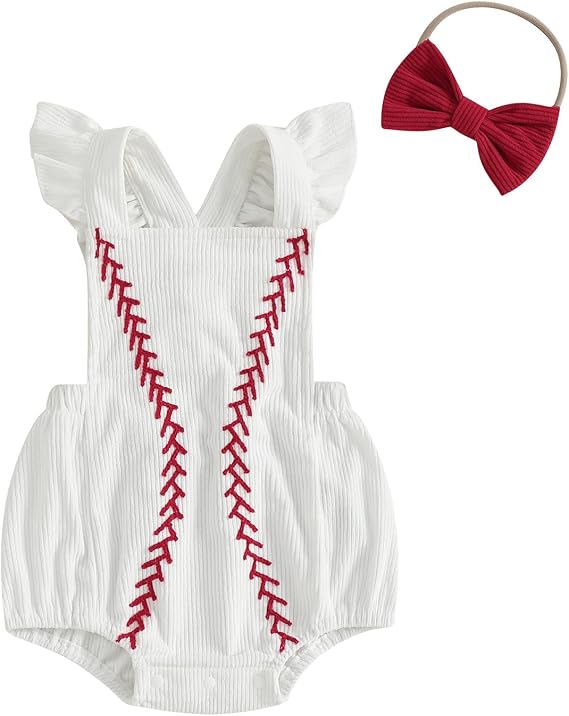 Infant Baby Girl Football Outfit Ruffle Sleeveless Corduroy Bubble Romper