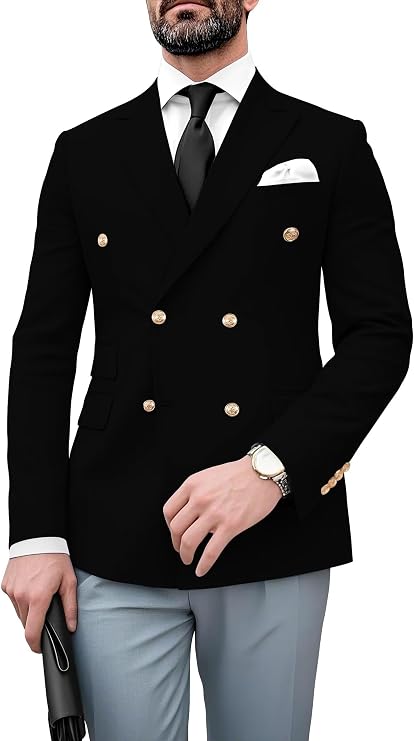 Mens Blazer Gold Buttons Jacket Slim Fit Double Breasted Sport Coat Business Wedding Party Jacket Suit