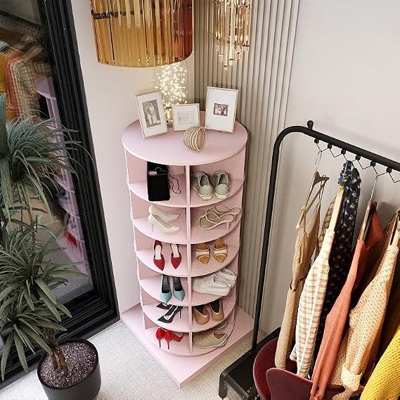 Rotating Shoe Rack Tower, 6-Tier Spinning Shoe Rack, Free Standing 360 Revolving Shoe Organizer for 24 Pairs of Shoes for Entryway Living Room Hallway (Pink-6 Layers)