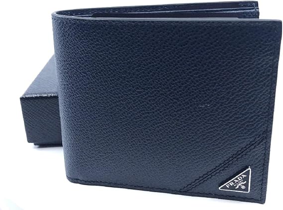 Prada Mens Vitello Micro-Grain Navy Leather Bifold Wallet Triangle Logo Card Holder with Multiple Slots Slim Compact Italian Billfold New