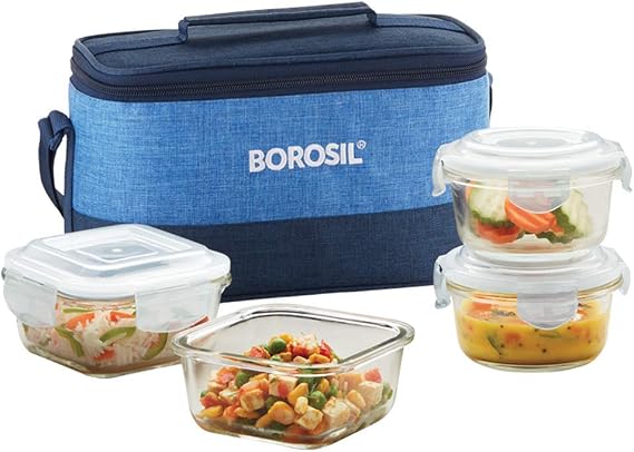 Borosil Prime Universal Glass Lunchbox, 320ml x 2 (+) 240ml x 2