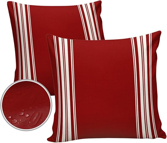 Vandarllin Outdoor Throw Pillows Covers 18X18 Set of 2 Waterproof Burgundy Red Stripe Decorative Zippered Lumbar Cushion Covers for Patio Furniture, French Stripe Farmhouse Style