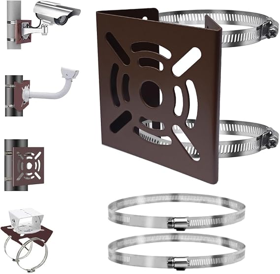 Universal Vertical Pole Mount Adapter with 2 Loops Brown Stainless Steel Wall Mounting Bracket for CCTV Security Camera Ptz Dome Indoor Outdoor AP Access Point Client CPE (1 Pack)