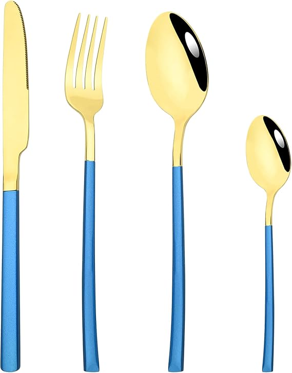 24-Piece Flatware Set, 18/0 Stainless Steel Knife Fork Spoon Teaspoon Silverware Set, Service for 6, Blue slender handle Gold