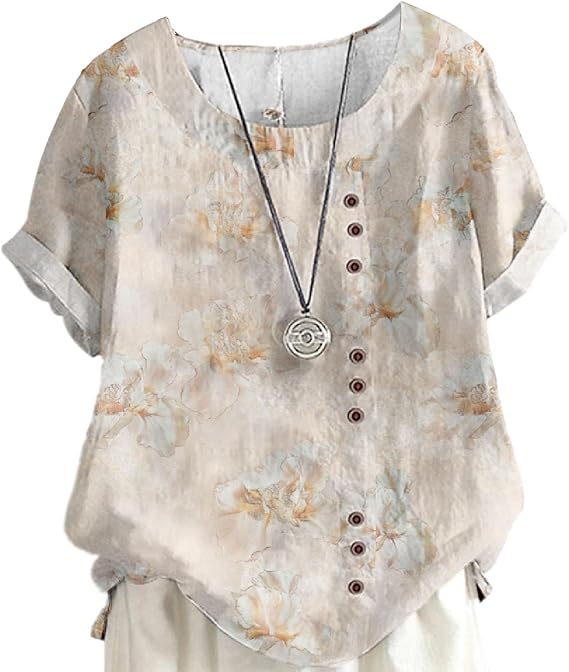 Boho Floral Print Linen Shirts for Women Dressy Casual Button Down Tee Shirt Summer Crewneck Short Sleeve Blouses