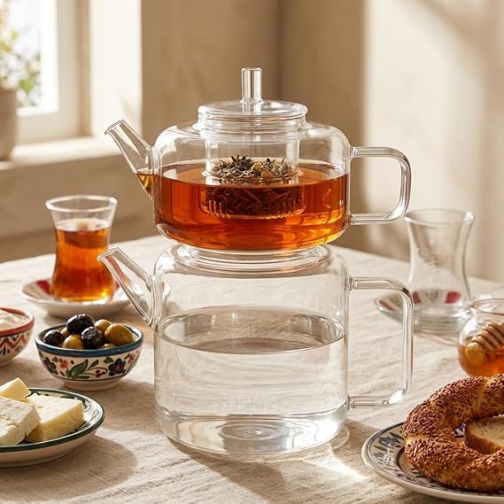 Deconox Flat Borosilikat Cam Çaydanlık Takımı 980 ml Demlik + 1600 ml Alt Demlik | Çelik Süzgeçlü, Isıya Dayanıklı Borosilikat Cam Çaydanlık Seti | Ocak Üstü Kullanıma Uygun Şeffaf Çaydanlık