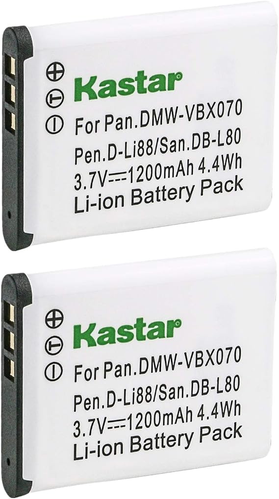 Kastar 2X DB-L80 VW-VBX070 D-LI88 Battery Replace for Sanyo Xacti DMX-CG11 VPC-CG10 VPC-CG102 VPC-CG20 VPC-CS1 VPC-GH2 VPC-X1200 ICR-XPS01MF ICR-XPS03MF ICR-XRS120MF Pentax Optio H90 P70 P80 W90 WS80