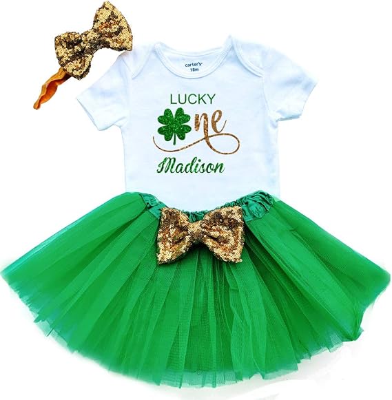 First Birthday Outfit Girl 1st Birthday Outfit Baby Girl, Lucky One Personalized (Long Sleeve 3M, Green-Gold)