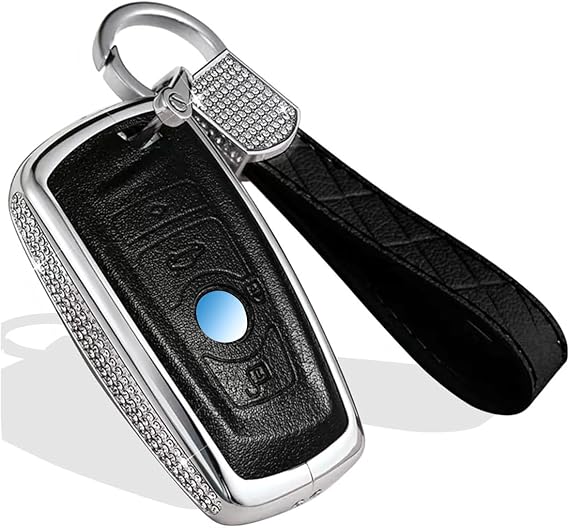 MUEKZRU Car Key Case Key Shell Fob Key Cover Key Chain Bling Crystal Leather Key Fob Sleeve Chain Compatible for BMW