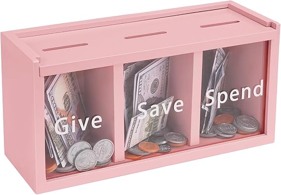 Spend Save Give Piggy Bank for Kids, Money Coin Savings Piggy Bank Jar Box for Kids Child Safe Money Saver, Teach Children About Giving & Saving Money Piggy Box for Childrens Boys Girls, Pink