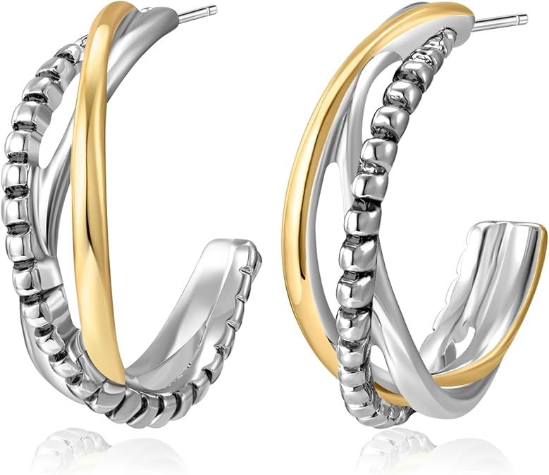 Mytys Two-Tone Triple Band Hoop Earrings - Designer Inspired Textured Statement Earrings with Twisted Rope, Gold Silver Plated Post Hoops