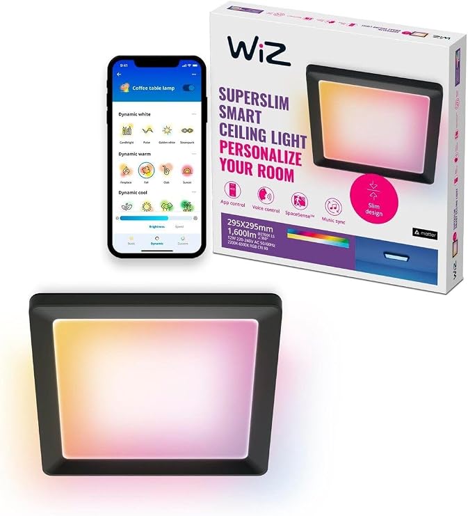 WiZ Akıllı tavan lambası – ince kare tasarım, birden fazla boyut, ses/uygulama kontrolü, zaman planlama, Google Home, Amazon Alexa ve Apple HomeKit ile çalışır, iç aydınlatma, siyah/beyaz [Enerji Sınıfı F]