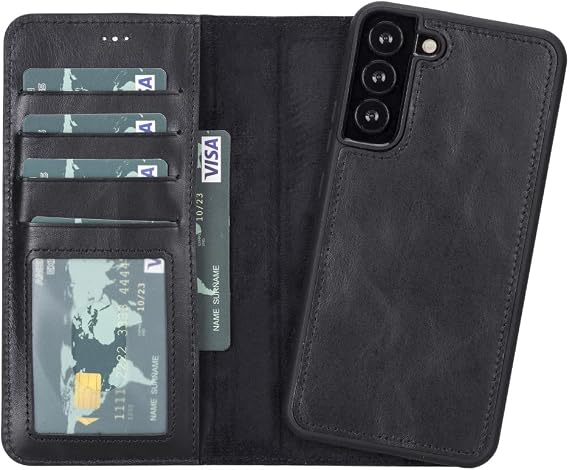 Samsung Galaxy S22 Plus ile Uyumlu Çıkarılabilir Cüzdanlı Kılıf - Kartlık Bölmeli, Stand Özellikli, RFID Engelleyici, Güçlü Mıknatıslı Kapaklı Dayanıklı Hakiki Deri Telefon Kılıfı (Rustik Siyah)