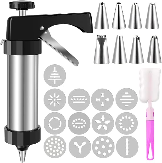 Cookie Press Stainless Steel Cookie Maker Machine with 13 Discs and 8 Icing Tips Cleaning Brush Multifunctional Cookie Press Reusable Cookie Maker Kitchen Baking Tool for Cookie Making(black)