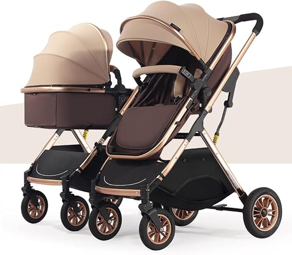 Double Stroller for Toddlers Side by Side,Two-Way Baby Stroller Twins Pushchair-Detachable,High Landscape Seat and Adjustable Canopy (Color : Khaki)