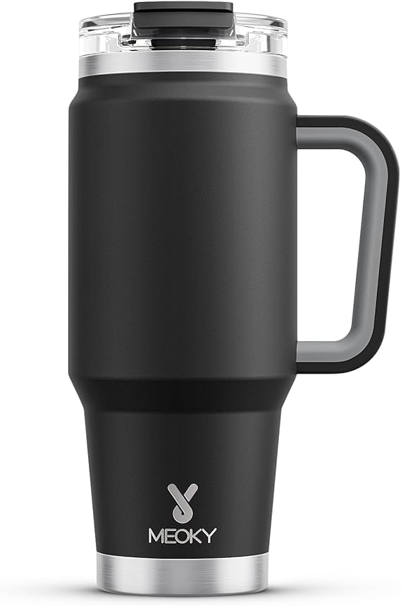Meoky 32 oz Tumbler with Handle, Insulated Tumbler with Lid and Straw, Stainless Steel Travel Mug, Keeps Cold for 24 Hours, 100% Leak Proof, Fits in Car Cup Holder Night