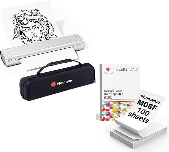 Phomemo Inkless Portable Printer Sliver & US Letter Folding Thermal Paper Size 8.5" x 11",100 Sheets & Case, Inkless Thermal Compact Printer, Compatible with Android and iOS Phone & Laptop