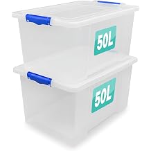Optimal Products 2 x Storage Boxes With Clip Lock Lids 50 Litre Sturdy Heavy Duty Clear Stackable Lockable Multipurpose Plastic Storage Box Indoor/Outdoor Containers Home,Office,Kitchen,Garage
