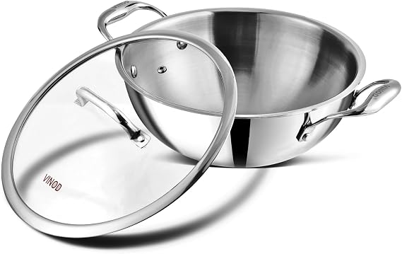 Vinod Platinum Triply Stainless Steel Kadai with Glass Lid Triply Kadai with Heavy Bottom Induction Friendly Triply Stainless Steel Cookware Kadhai (28 cm Diameter)