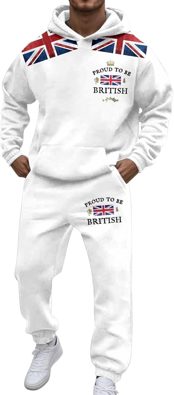 Tracksuit Mens Full Set 2 Piece British Print Hoodie & Joggers Long Sleeve Slim Fit Mens Sweatsuit for Casual, Sports, Men's Sweatshirt & Sweatpants Tracksuit Set