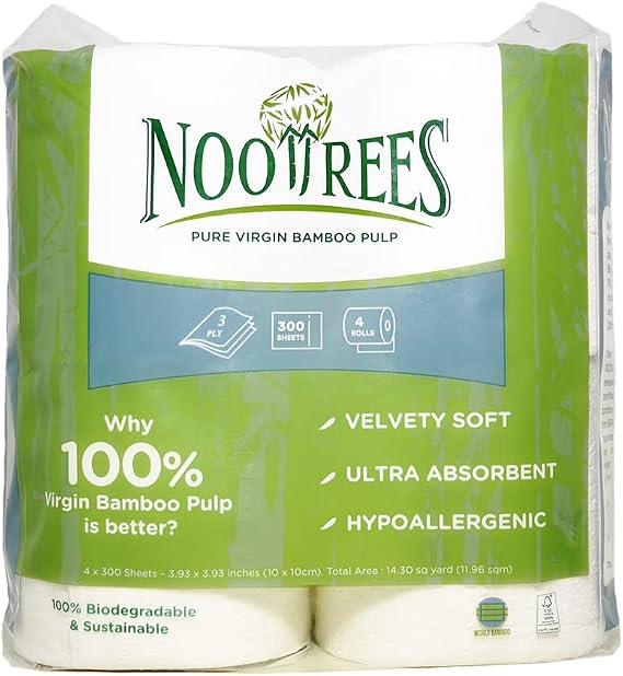 NooTrees Bamboo Toilet Tissue, Tree Free, Biodegradable, Sustainable, Renewable and FSC Certified 3-ply Toilet Paper 300 Sheets, 4 Rolls, 1-Pack