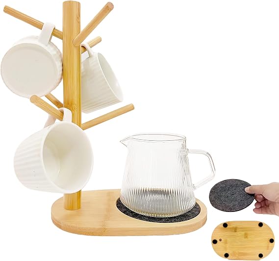 SNAIL GARDEN Mug Holder with 6 Hooks,Coffee Mug Tree with Large Wooden Base,Coffee Mug Stand with Removable Round Felt Pad,Coffee Tree Mug Holder for Kitchen Living Room Bedroom Countertop Tabletop