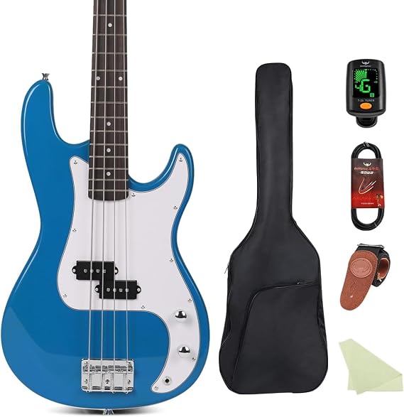 Bullfighter Electric Bass Guitar 4 String Full Size PB PJB Bass Complete Starter Kit for Beginner Musicians Rock Enthusiasts Value Seekers with Gig Bag, Strap, Picks, Tuner and Guitar Cable IB (Blue)