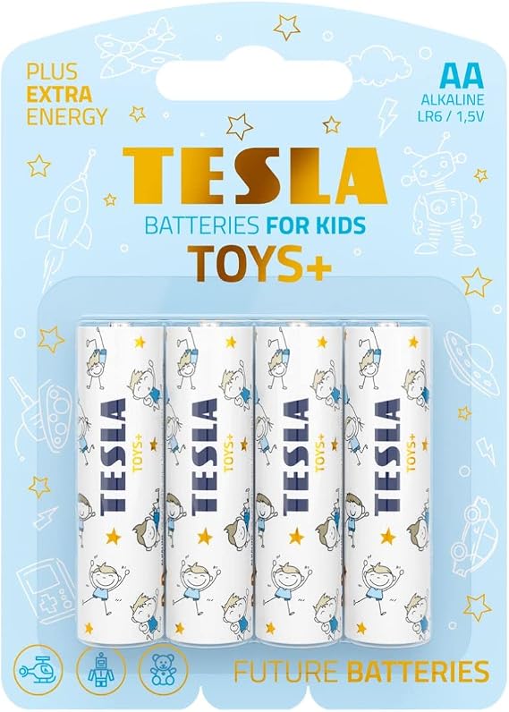 Tesla Toys+ Batteries for Boys, AA Maximum Power Alkaline Batteries, 10 Year Shelf Life, A Long-Lasting Battery Life, Leak-Free, LR06, 4 Count [Pack of 1]