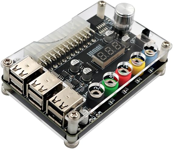 HLT ATX Power Supply Breakout Board with Adjustable Voltage Knob and 6- Port USB 2.0,and QC 2.0/QC 3.0, 3A Maximum Output,