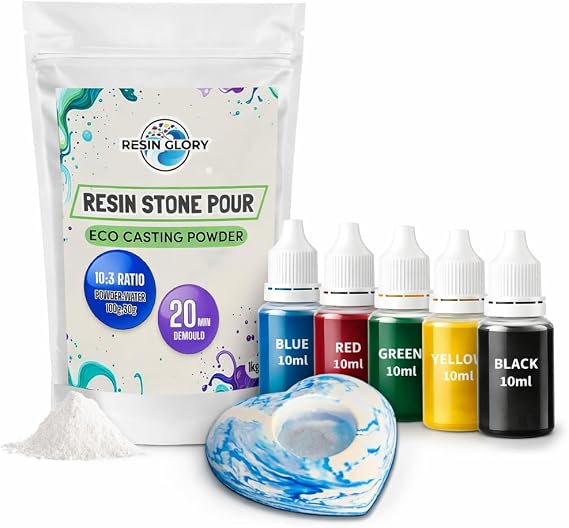 Eco Casting Kit – 1kg Water-Based Resin Casting Powder with 5-Color Liquid Pigments (10ml Each) – Non-Toxic Jesmonite-Style Kit for Trays, Coasters, Terrazzo, Marble & DIY Craft Moulds