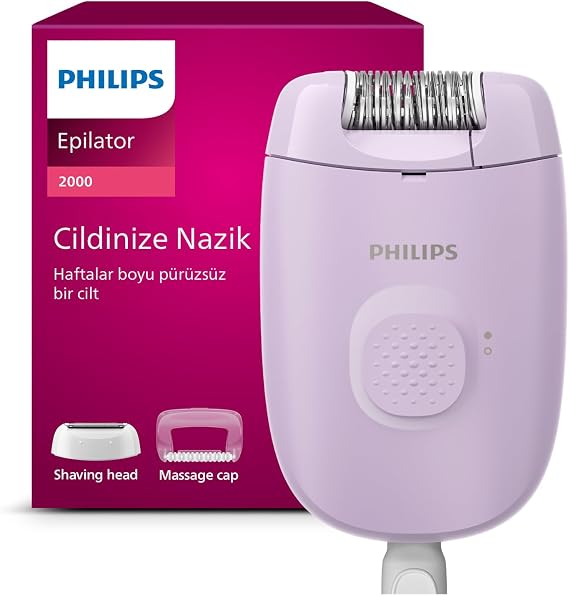 Philips Epilasyon Cihazı, Taşınabilir Kompakt Tasarım, Hassas Bölge ve Masaj Başlığı, Yıkanabilir, 4 Haftaya Kadar Pürüzsüzlük, Lila Renk, BRE237/05