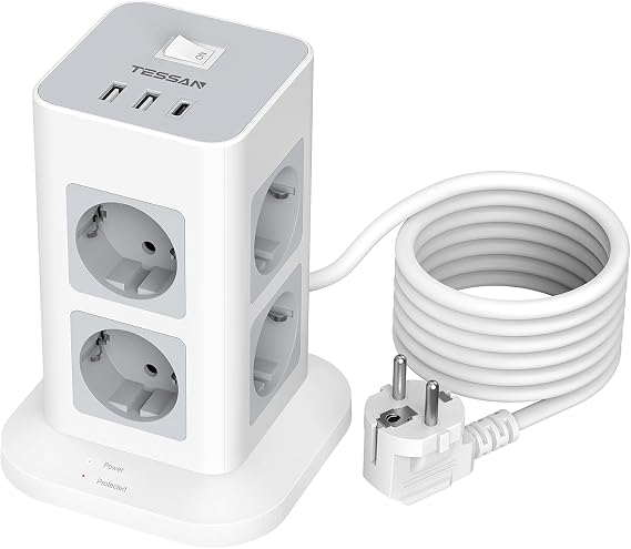 TESSAN Çok Çoklu Soket Ameliyat Koruması 3600W 16A, 8 Bölüm Soket Stripi USB C Çoklu Eklentisi, 2M Uzantı Kablo Ile Strip Ekle, Evde Soket Kulesi Dağıtım Soketi, Gri