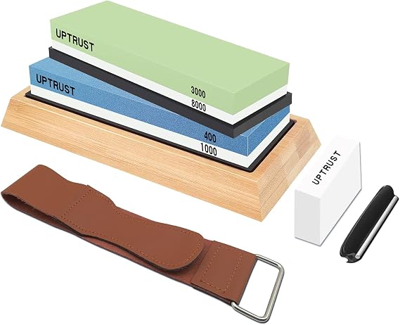 UPTRUST Knife Sharpening Stone Kit, Professional Whetstone Sharpener Stone Set, Premium 4 Side Grit 400/1000 3000/8000 Water, Non-slip Bamboo Base, Flatting, Angle Guide and Leather Strop