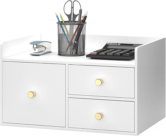 Bamboo Desk Organizer with Drawers,Wooden Desktop Storage (3 Drawer,White)
